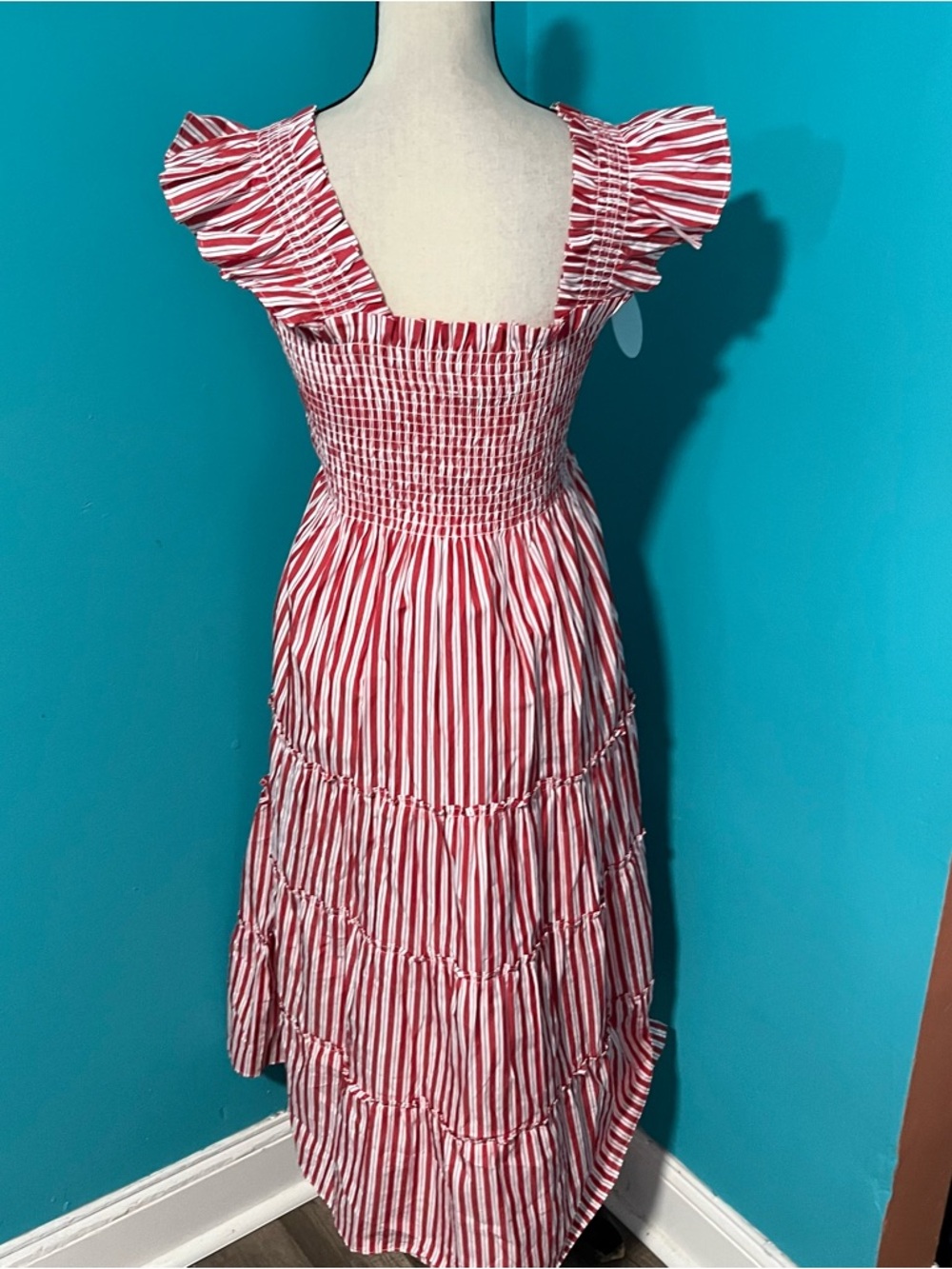 NWT Hill House S Red White Striped Ellie Nap Dress Tiered Ruffle Midi - Picture 7 of 8